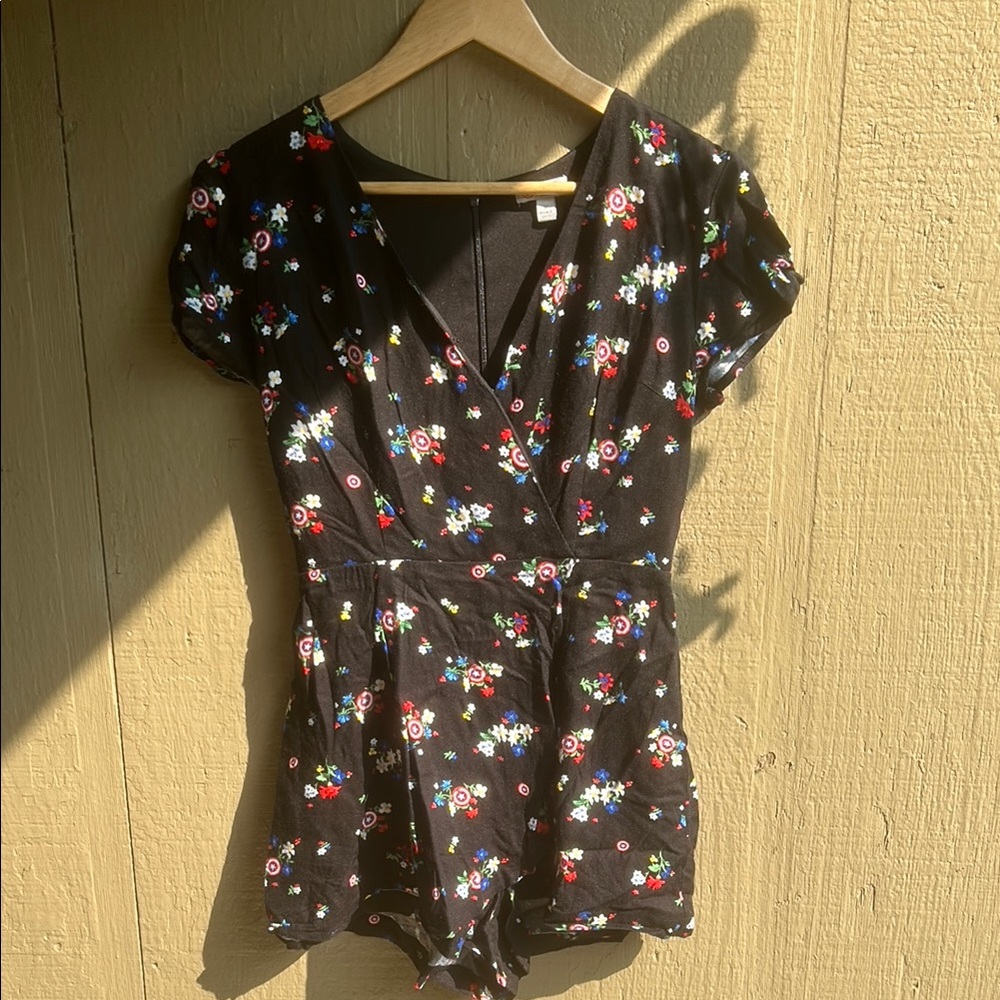 Marvel Her Universe Captain America Black Floral Romper Medium